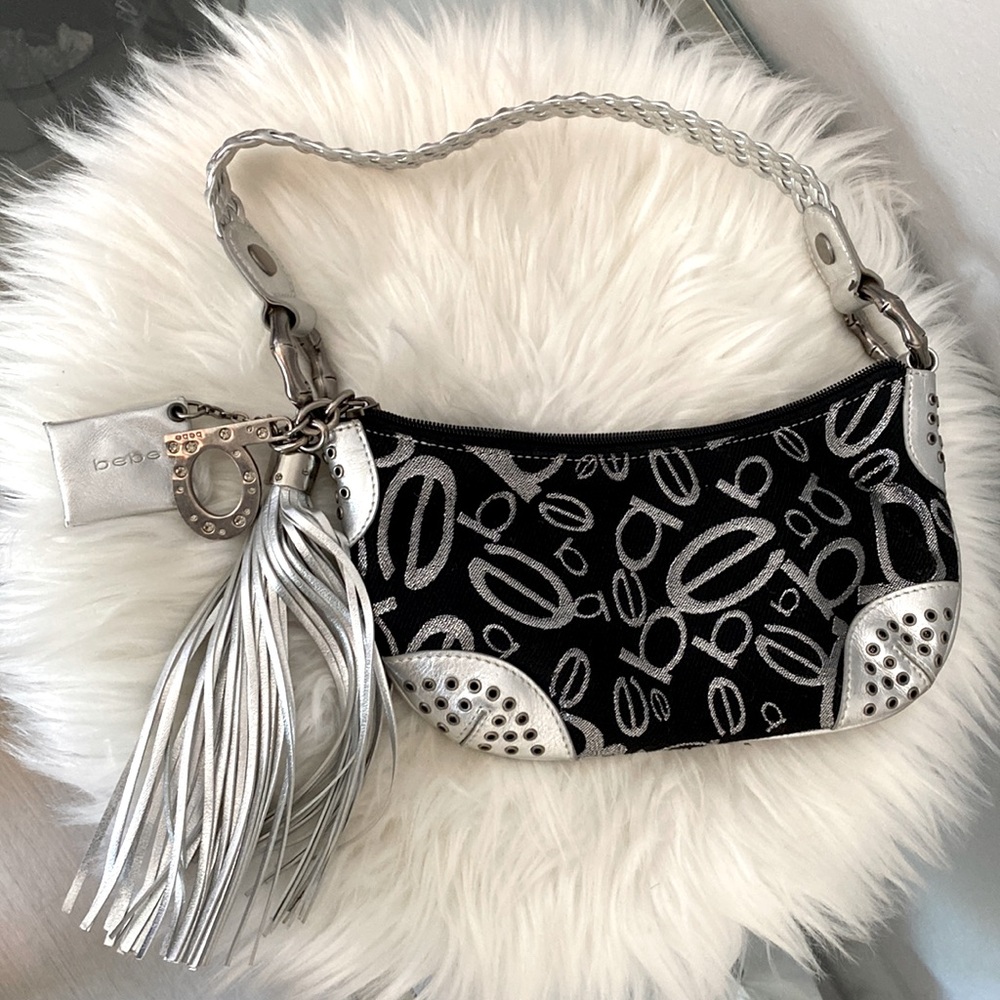 New! Bebe black & silver Logo mini hobo handbag pochette NWT